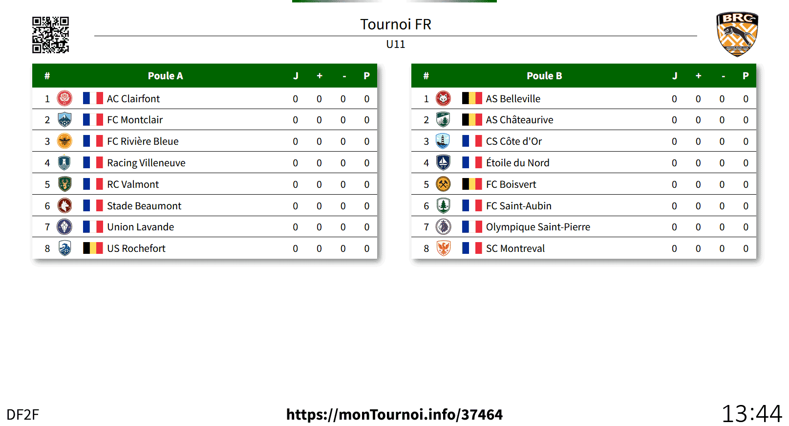 Écran de présentation avec matchs et classements