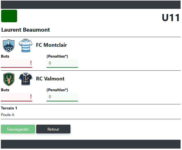 Saisie du résultat par l'organisateur
