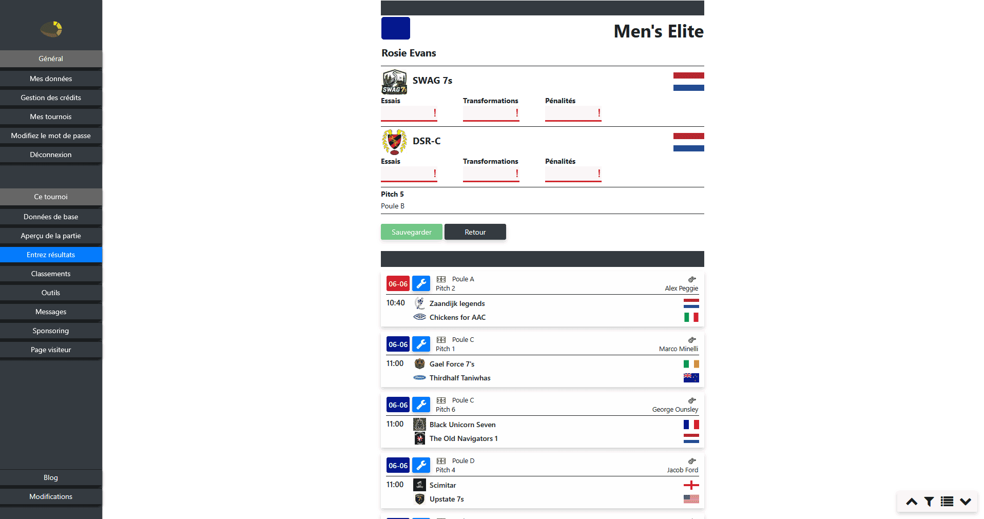 Saisir les scores de rugby dans le logiciel de tournoi en ligne avec suivi des essais, transformations et coups de pied