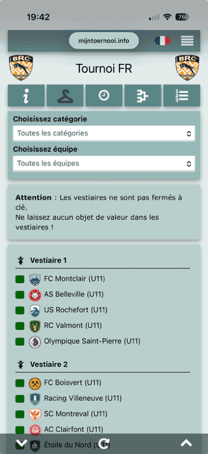 Informations pratiques du club, comme la répartition des vestiaires