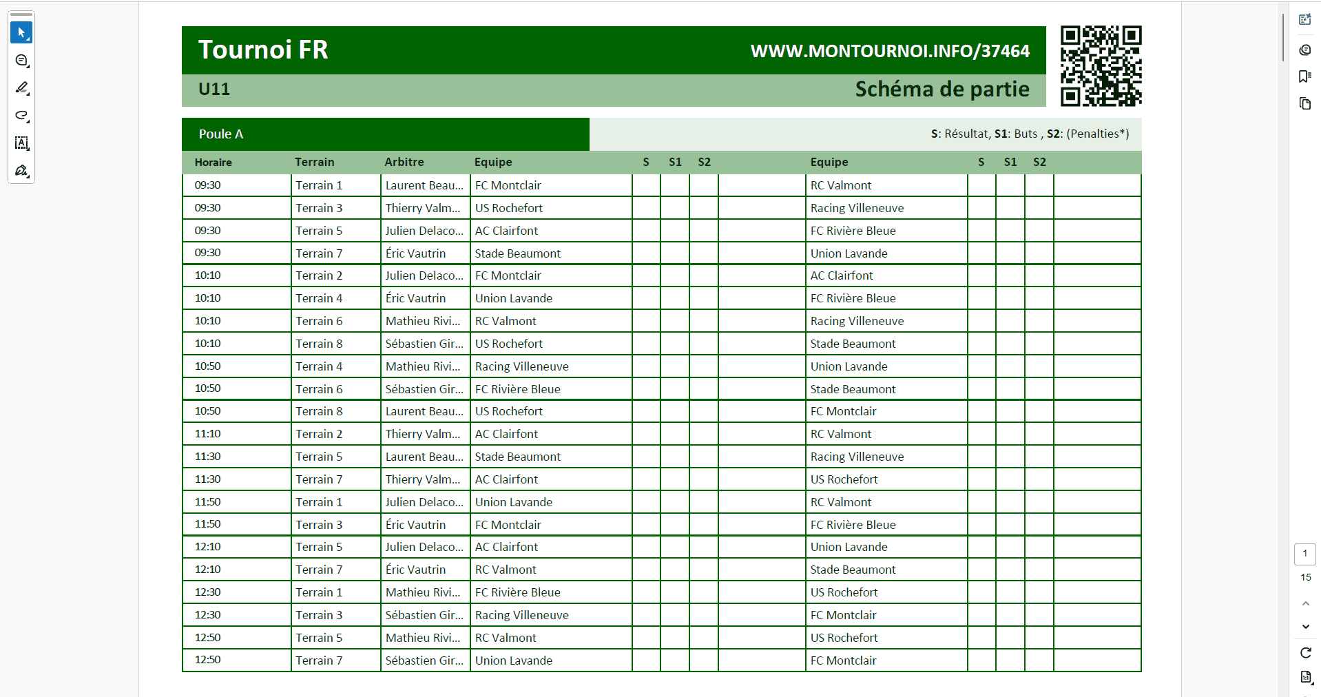 Rapport du calendrier des matchs par catégorie